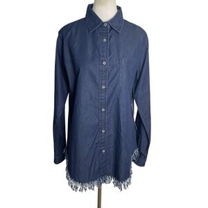 Tizzie 100% Cotton Dark Blue Denim Tunic Button Down Shirt Fringe Hem Large NWT